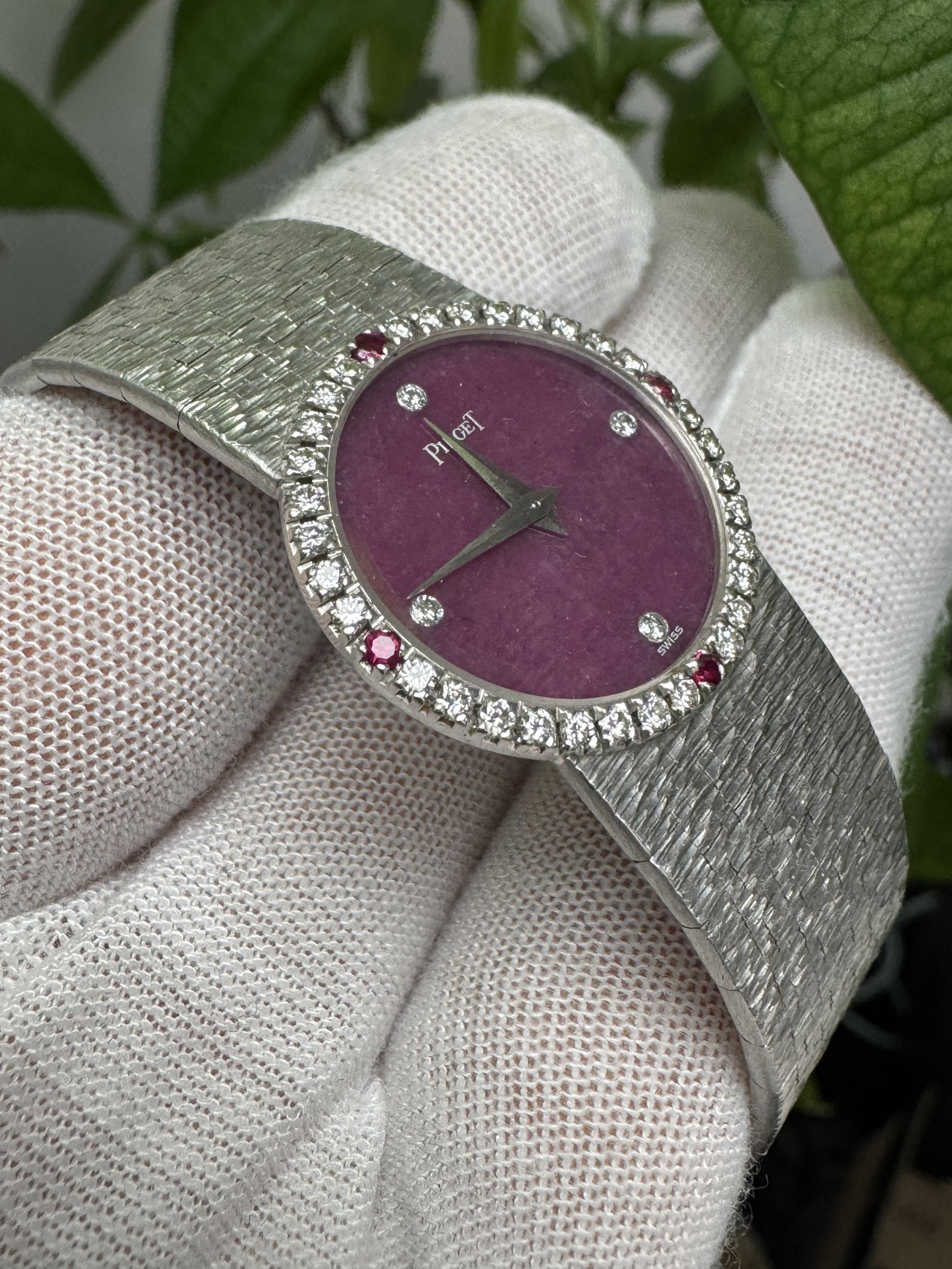 Piaget 18K White Gold Rhodonite Dial Diamond/Ruby Mesh Bracelet Ladies Watch