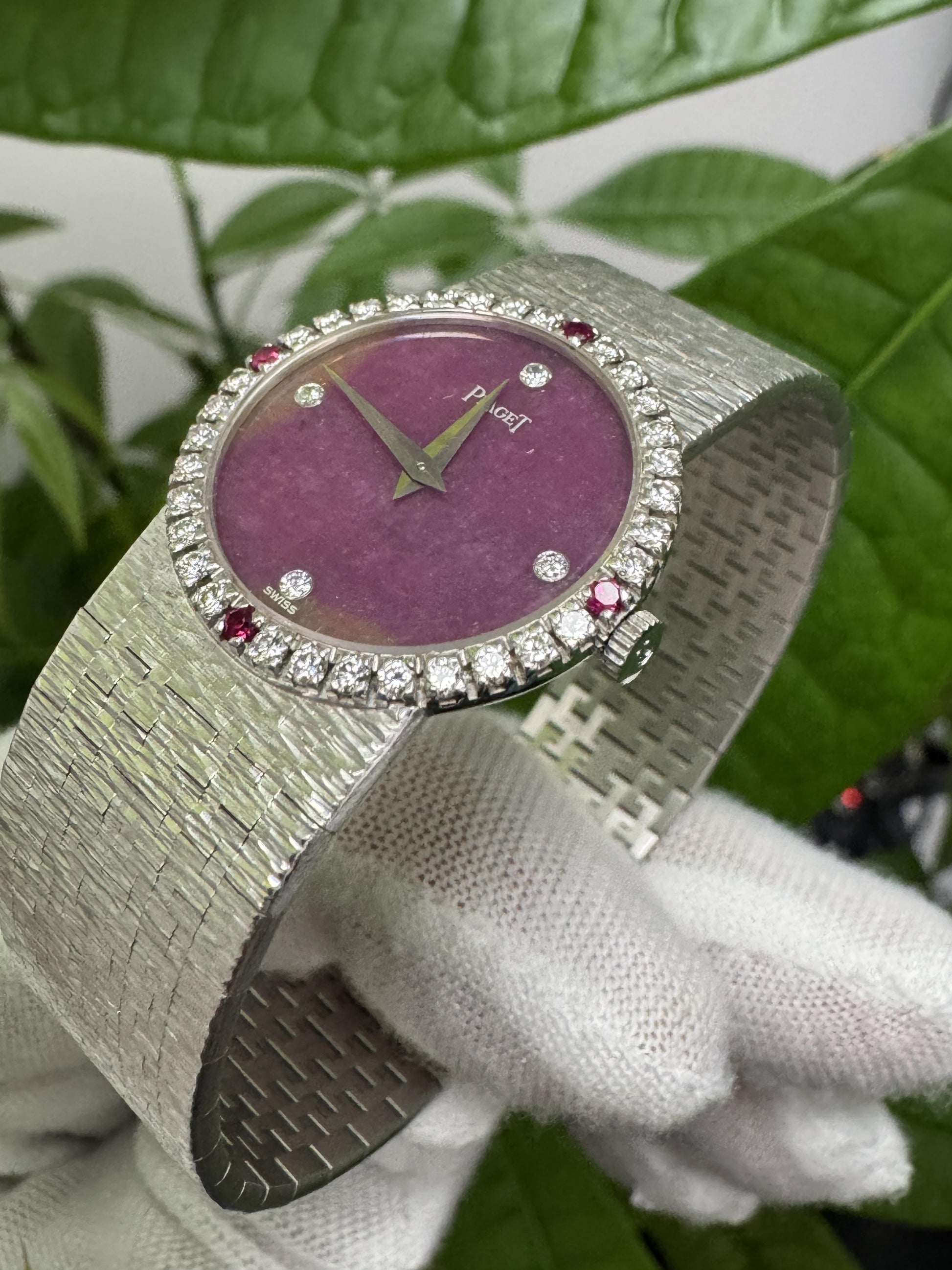Piaget 18K White Gold Rhodonite Dial Diamond/Ruby Mesh Bracelet Ladies Watch