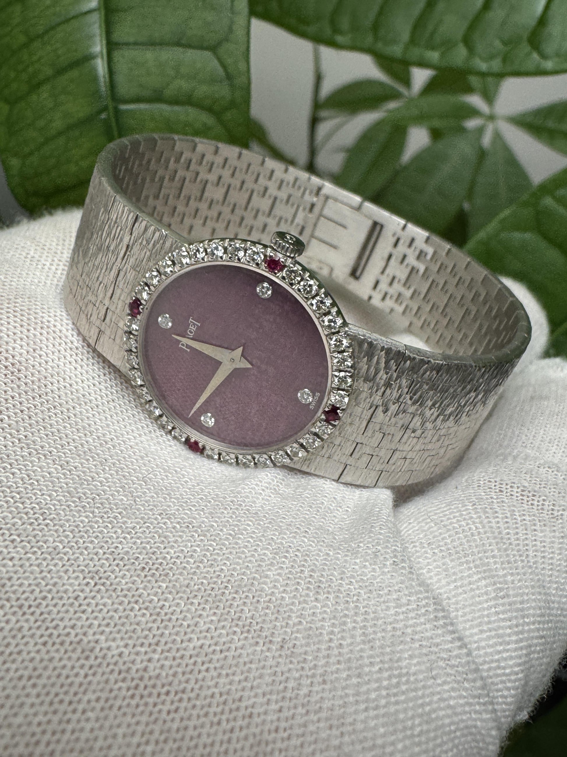 Piaget 18K White Gold Rhodonite Dial Diamond/Ruby Mesh Bracelet Ladies Watch