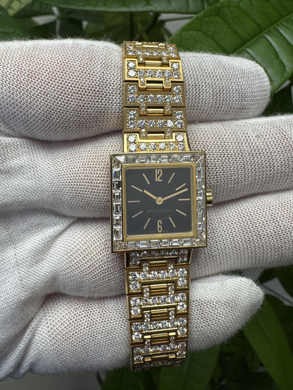 Bvlgari Quadratto 18K Yellow Gold Damond Black Dial Pave Bracelet Ladies Watch