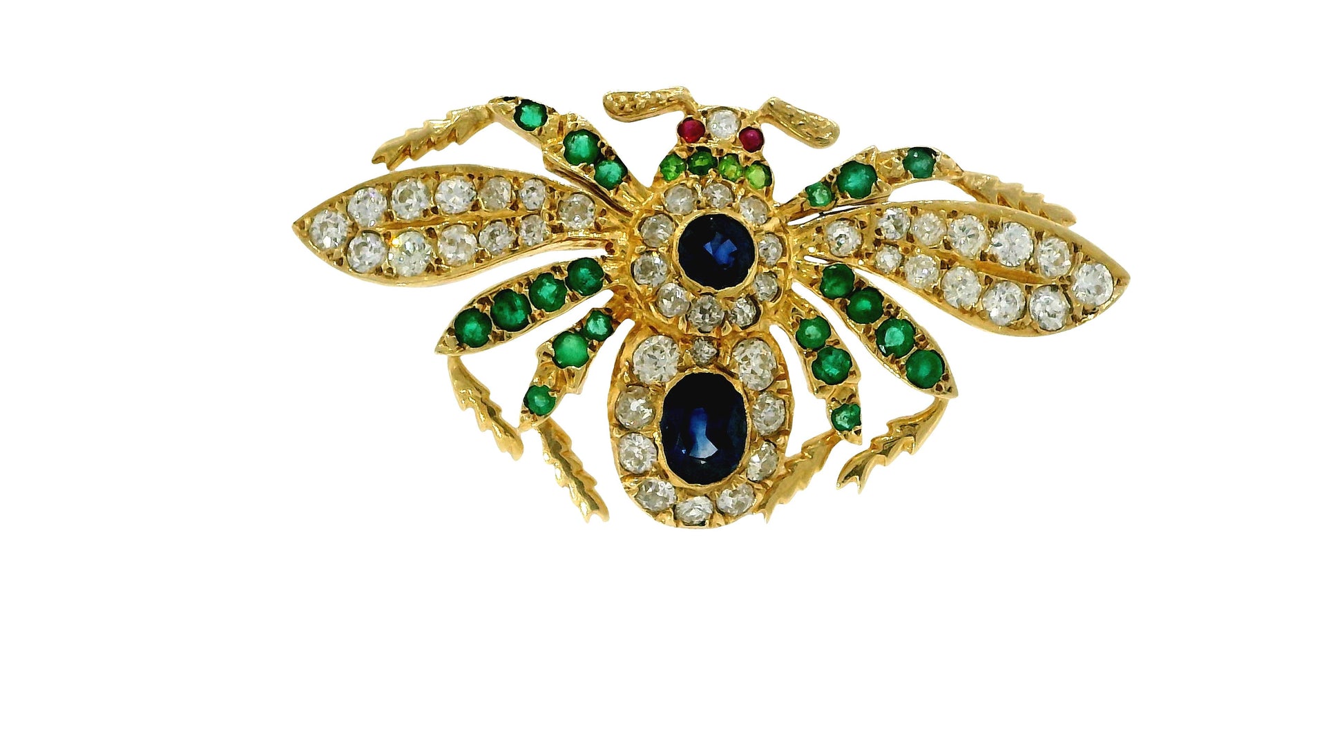 18K Yellow Gold Brooch with Diamond, Emerald, Sapphire & Ruby
