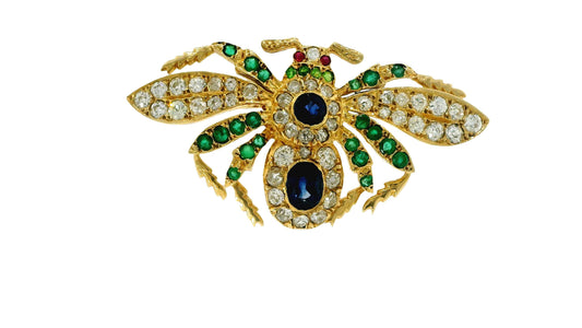 18K Yellow Gold Brooch with Diamond, Emerald, Sapphire & Ruby