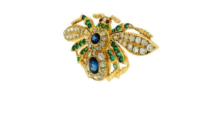 18K Yellow Gold Brooch with Diamond, Emerald, Sapphire & Ruby