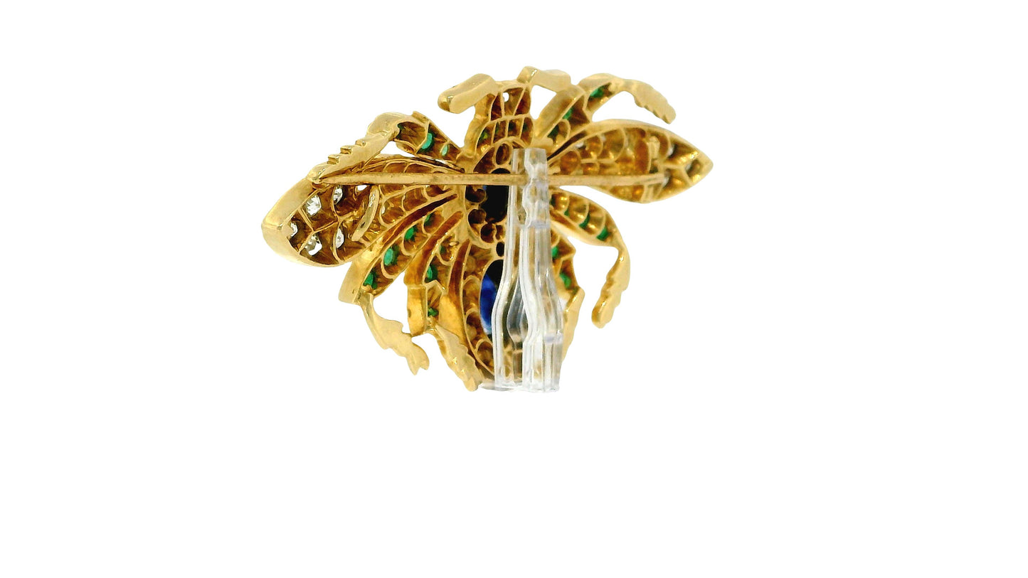 18K Yellow Gold Brooch with Diamond, Emerald, Sapphire & Ruby