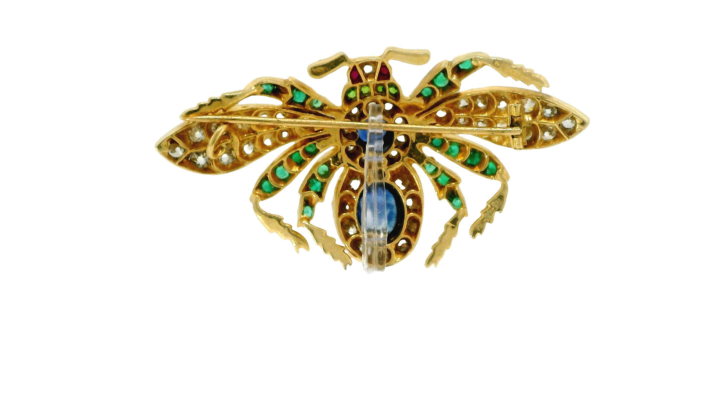 18K Yellow Gold Brooch with Diamond, Emerald, Sapphire & Ruby