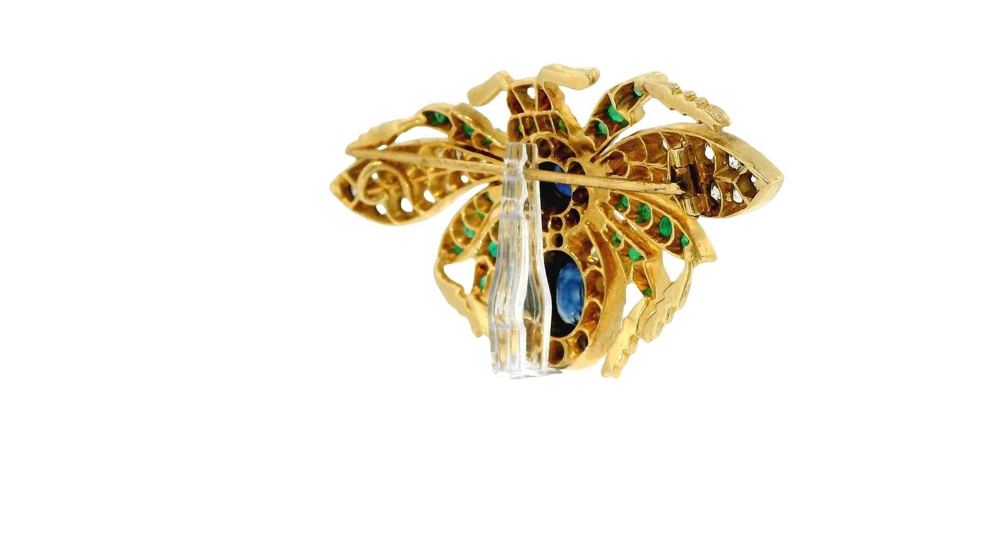 18K Yellow Gold Brooch with Diamond, Emerald, Sapphire & Ruby