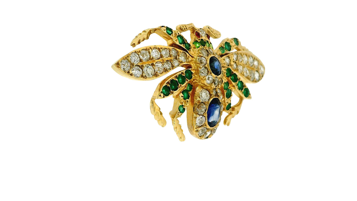 18K Yellow Gold Brooch with Diamond, Emerald, Sapphire & Ruby