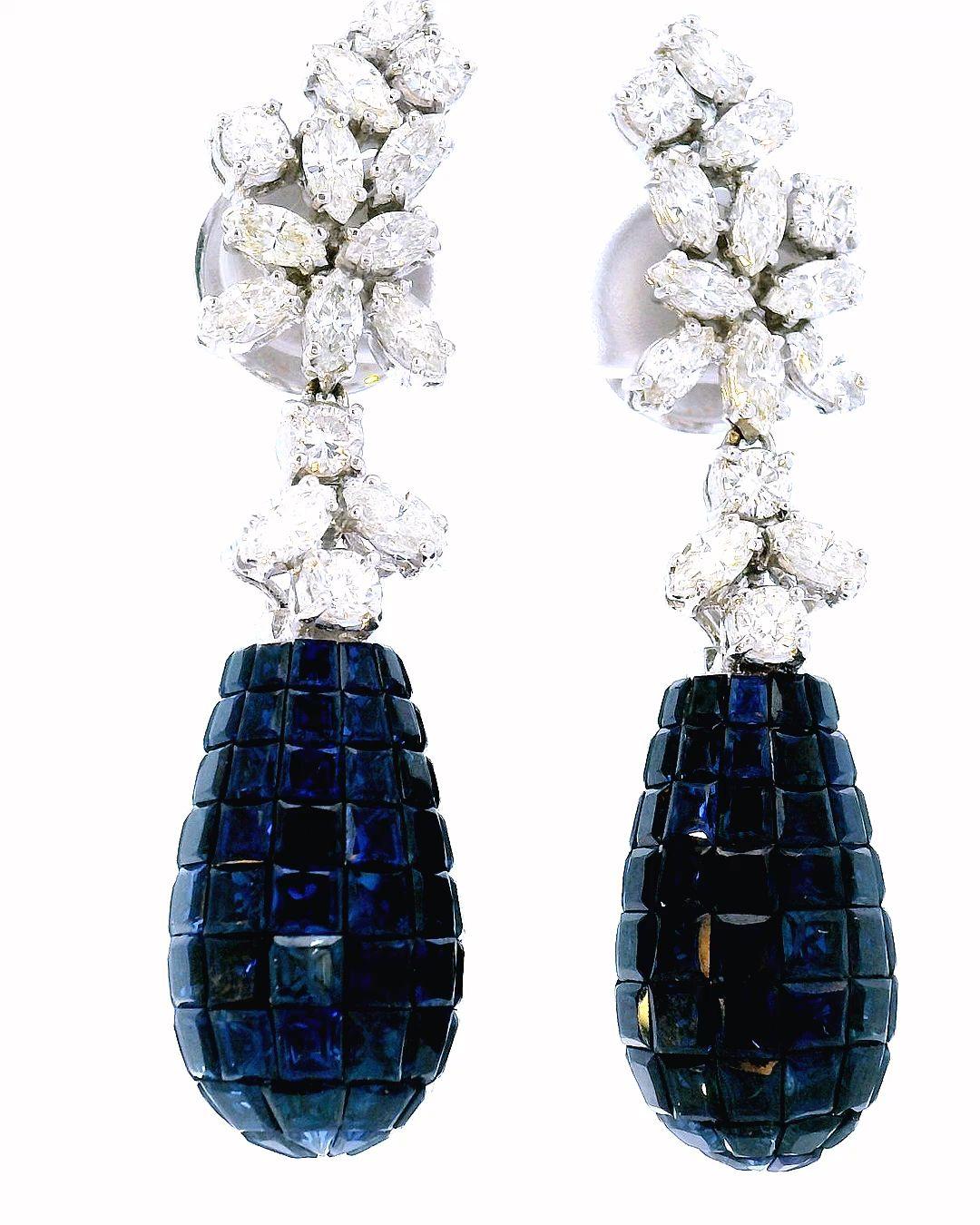 Earrings with invisibly set sapphire drops 12ct total weight and 3.16 tw diamond