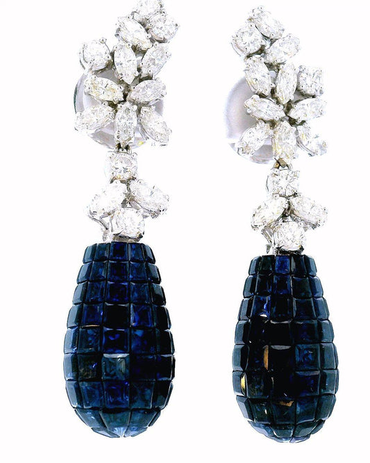Earrings with invisibly set sapphire drops 12ct total weight and 3.16 tw diamond
