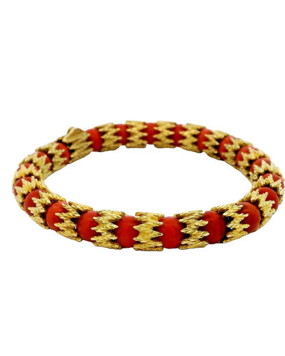 18k Gold & Coral Beads Jagged Link Between Bracelet