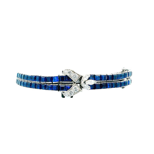 Oscar Heyman Double Line Sapphire Bracelet W/Three Diamond Stations