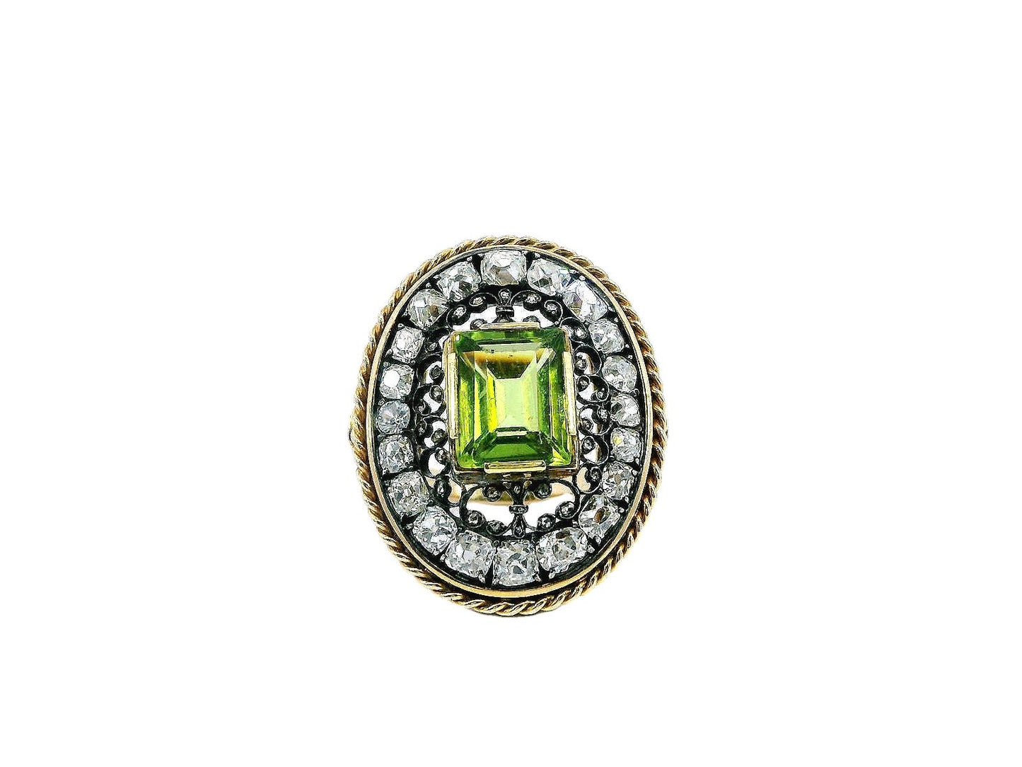 Oval Cushion Peridot Ring with Diamond in Silver Filigree.
