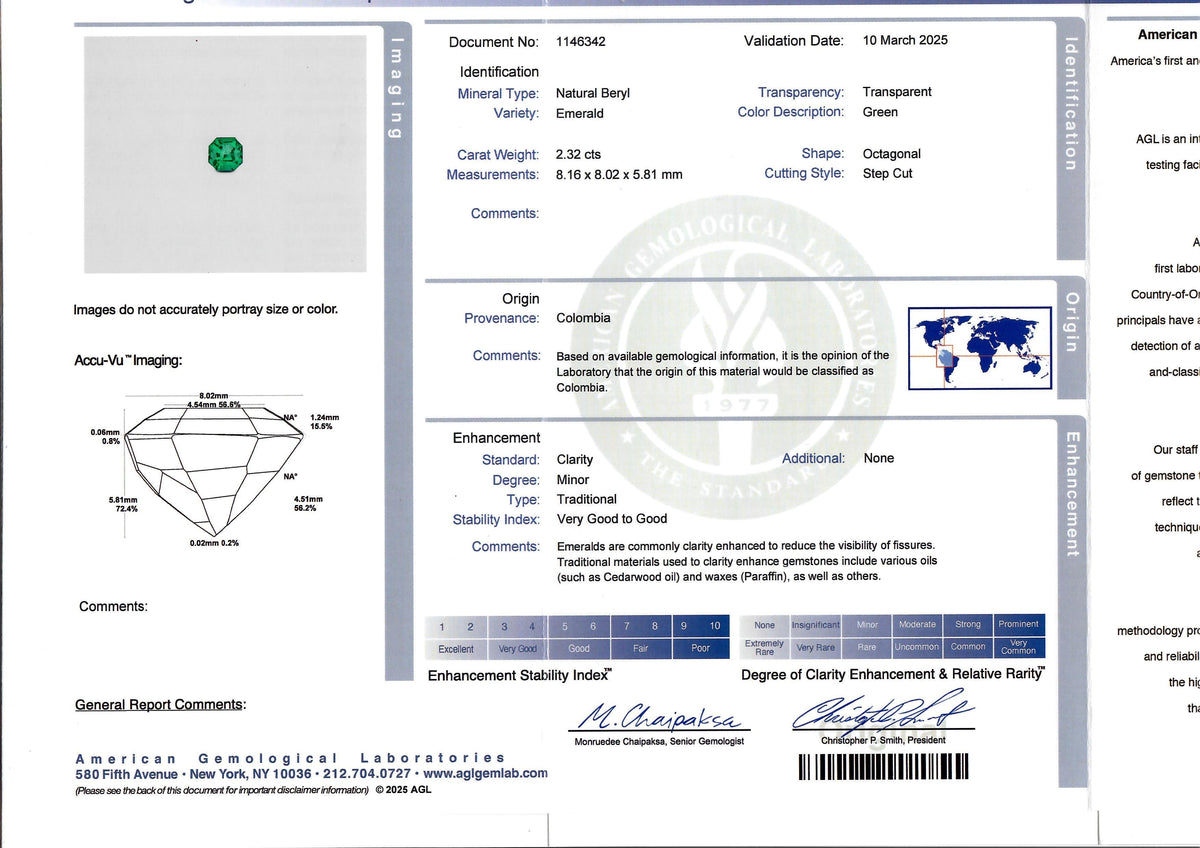 18K White Gold Colombian Emerald & Diamond Ring W/AGL Certificate