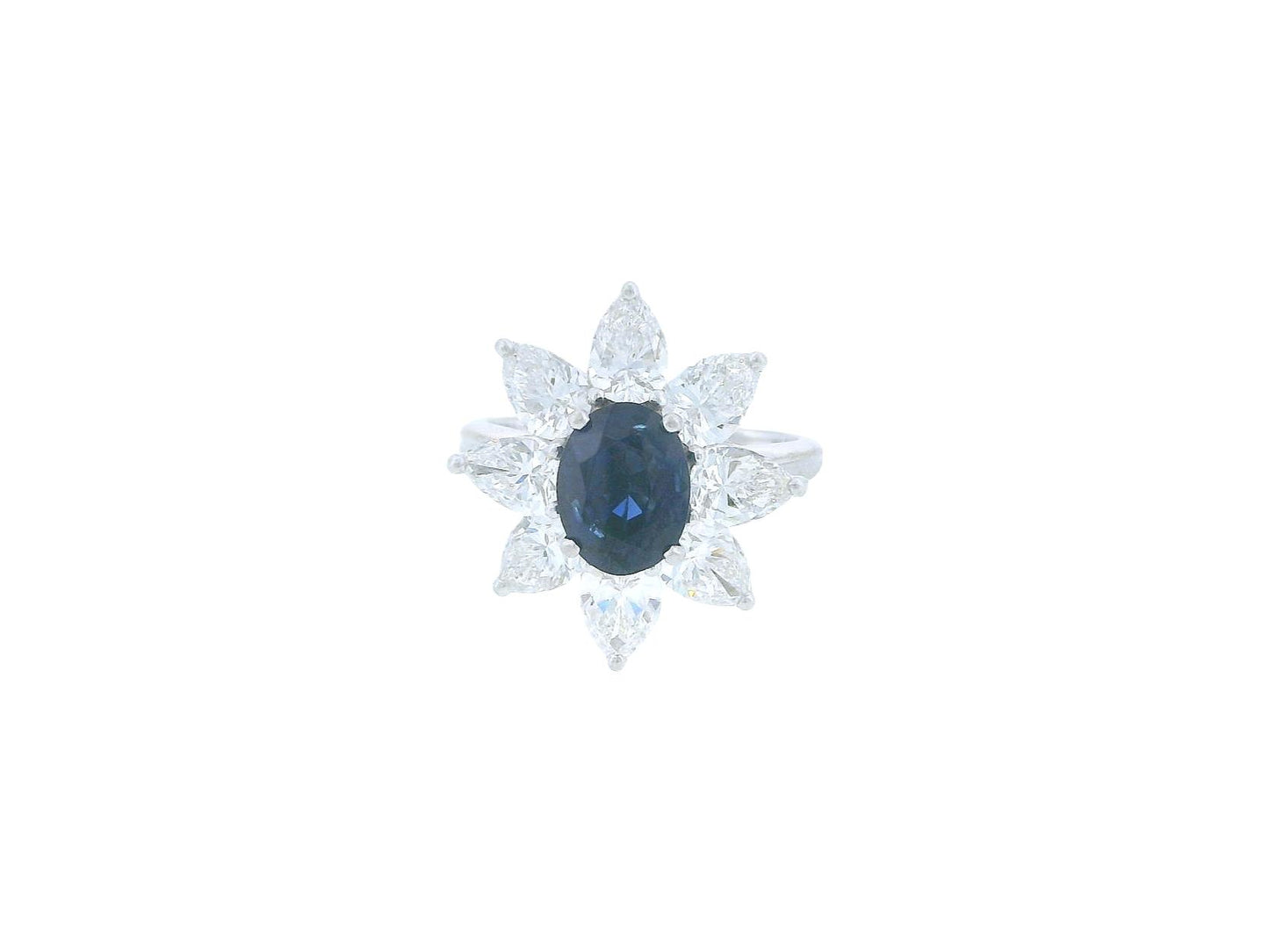 René Kern Platinum Center-Oval Sapphire Surrounded Pear Diamond Ring
