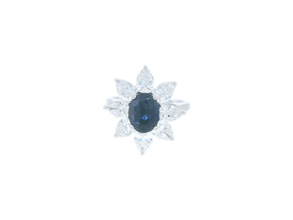 René Kern Platinum Center-Oval Sapphire Surrounded Pear Diamond Ring
