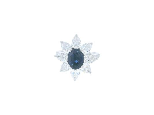 René Kern Platinum Center-Oval Sapphire Surrounded Pear Diamond Ring