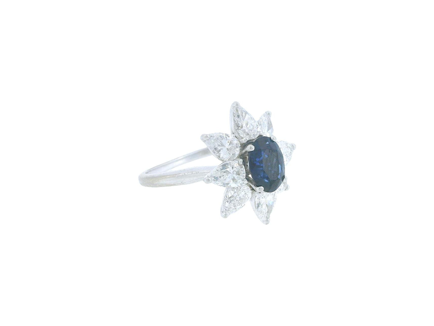 René Kern Platinum Center-Oval Sapphire Surrounded Pear Diamond Ring