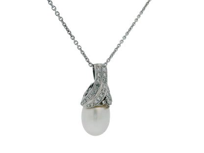 18K White Gold & Platinum Pave Pearl Pendant Necklace French Chain
