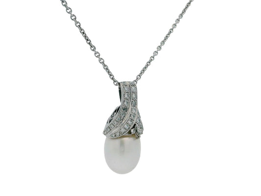 18K White Gold & Platinum Pave Pearl Pendant Necklace French Chain