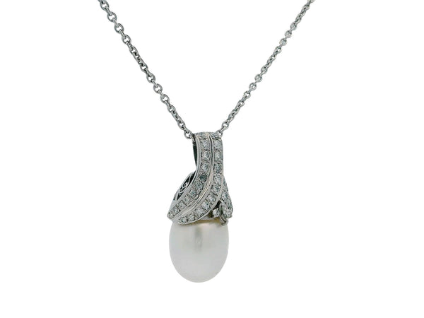18K White Gold & Platinum Pave Pearl Pendant Necklace French Chain