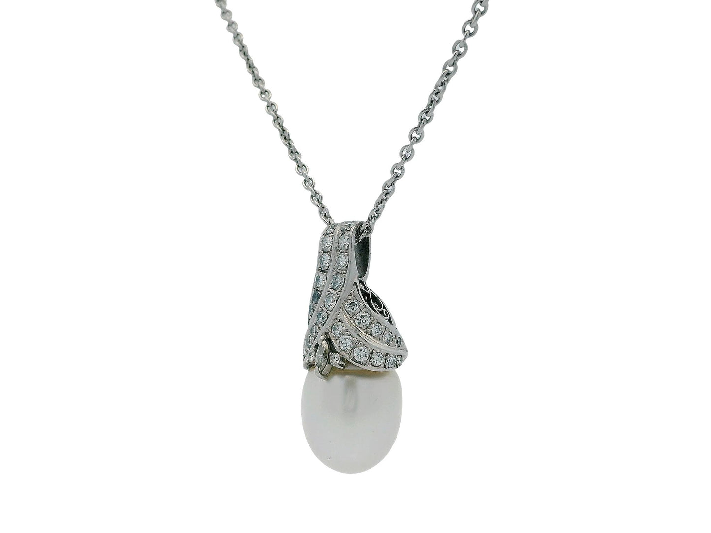 18K White Gold & Platinum Pave Pearl Pendant Necklace French Chain