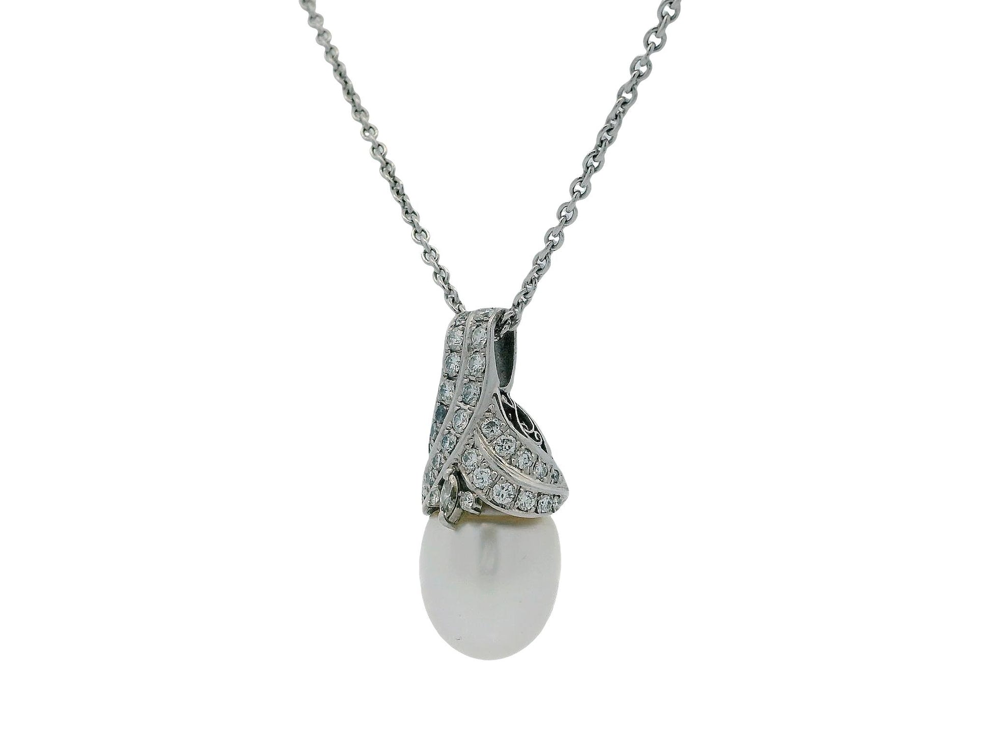 18K White Gold & Platinum Pave Pearl Pendant Necklace French Chain