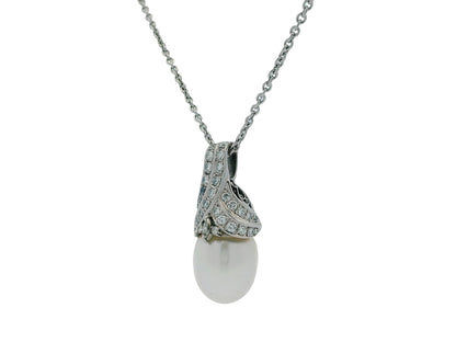 18K White Gold & Platinum Pave Pearl Pendant Necklace French Chain