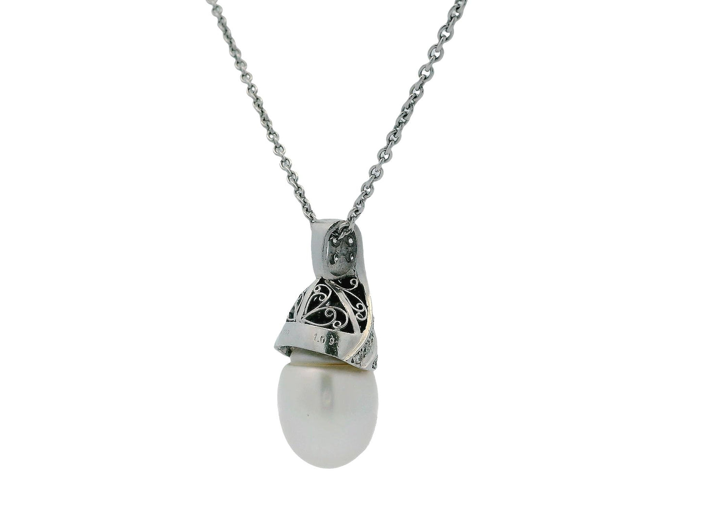 18K White Gold & Platinum Pave Pearl Pendant Necklace French Chain