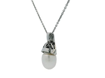 18K White Gold & Platinum Pave Pearl Pendant Necklace French Chain