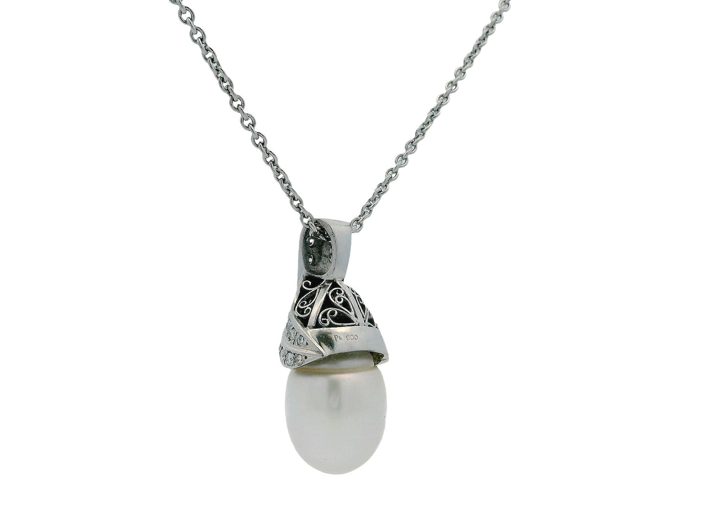 18K White Gold & Platinum Pave Pearl Pendant Necklace French Chain