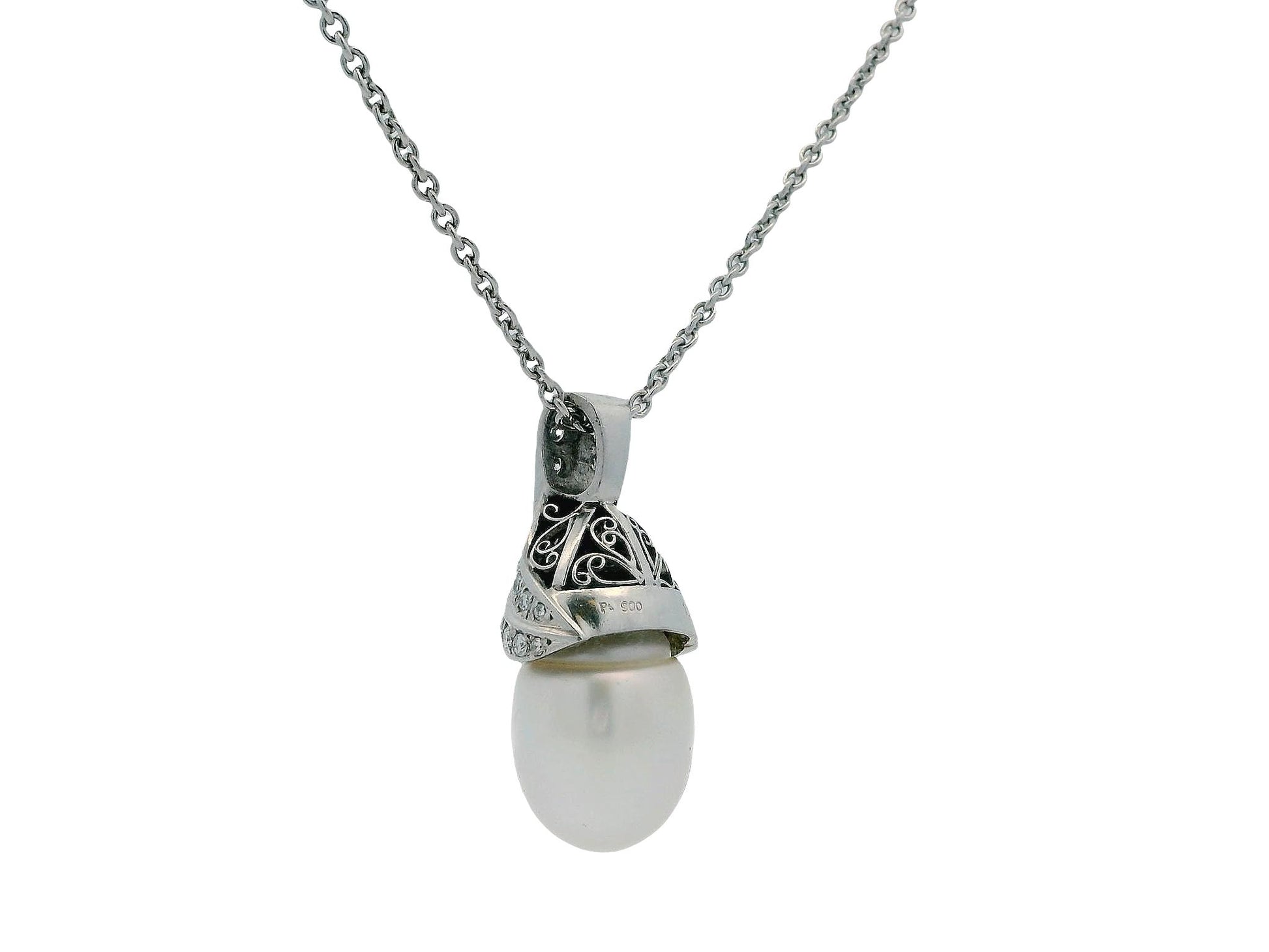 18K White Gold & Platinum Pave Pearl Pendant Necklace French Chain