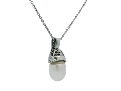 18K White Gold & Platinum Pave Pearl Pendant Necklace French Chain