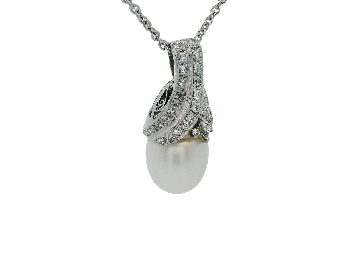 18K White Gold & Platinum Pave Pearl Pendant Necklace French Chain