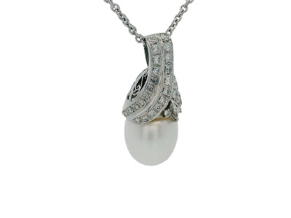 18K White Gold & Platinum Pave Pearl Pendant Necklace French Chain