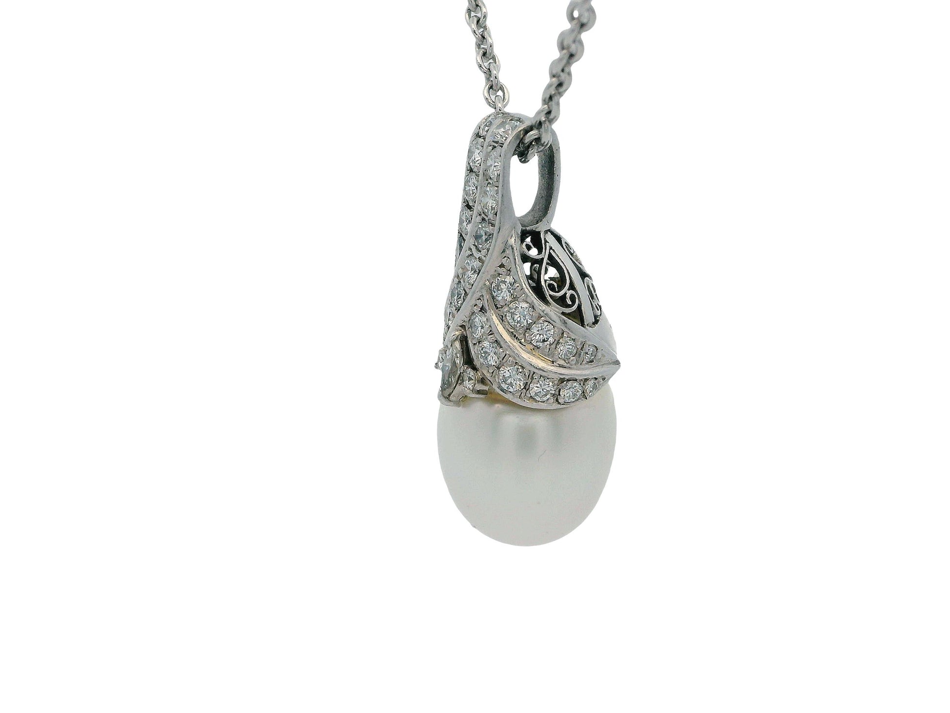 18K White Gold & Platinum Pave Pearl Pendant Necklace French Chain