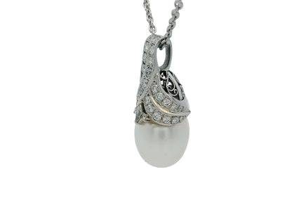 18K White Gold & Platinum Pave Pearl Pendant Necklace French Chain
