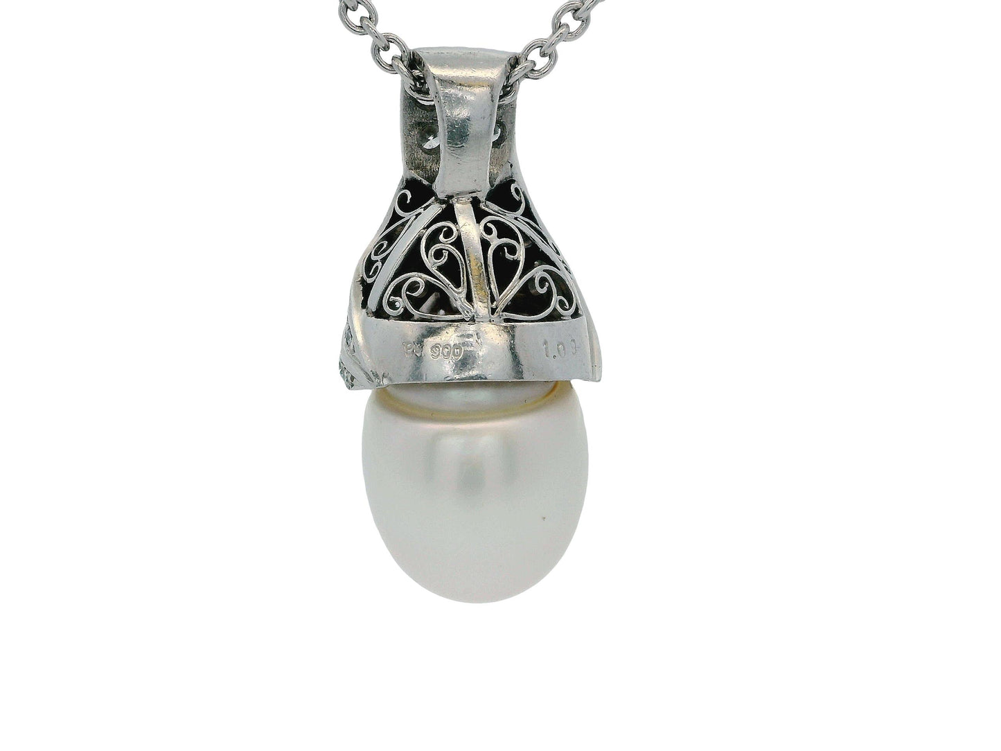 18K White Gold & Platinum Pave Pearl Pendant Necklace French Chain