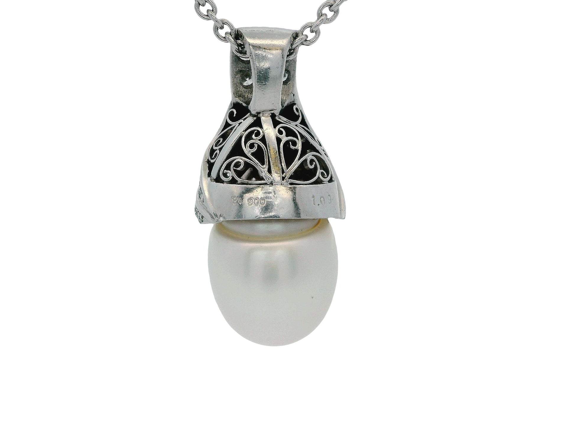 18K White Gold & Platinum Pave Pearl Pendant Necklace French Chain