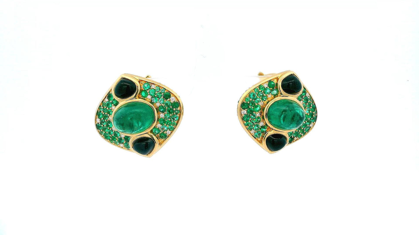 Marina B. Emerald Lucilla Clip On Earrings Black Spinel Diamonds 18K Yellow Gold