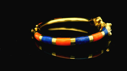 Antique 18K Yellow Gold Two Panther Heads Lapis & Cl inlays Bangle
