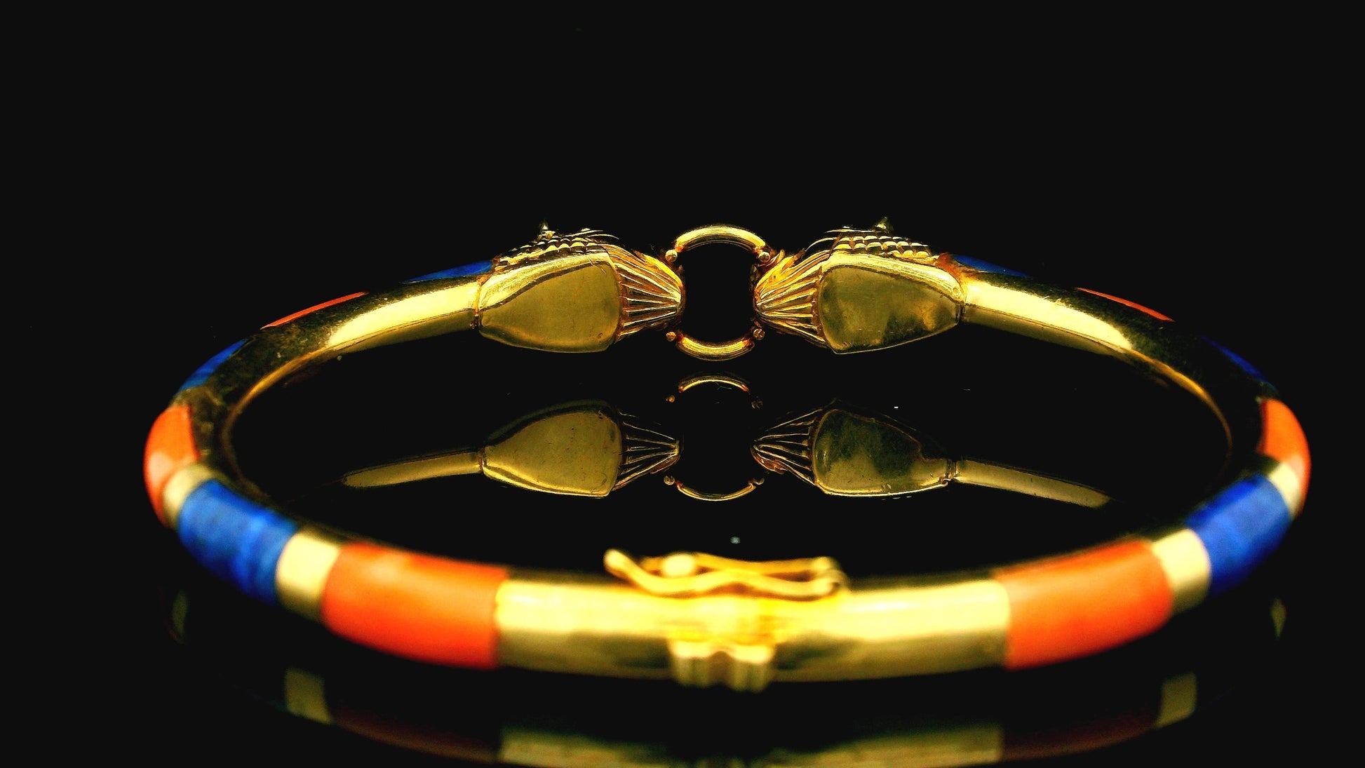 Antique 18K Yellow Gold Two Panther Heads Lapis & Cl inlays Bangle