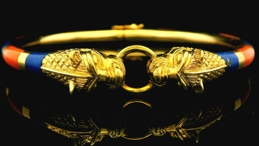 Antique 18K Yellow Gold Two Panther Heads Lapis & Cl inlays Bangle