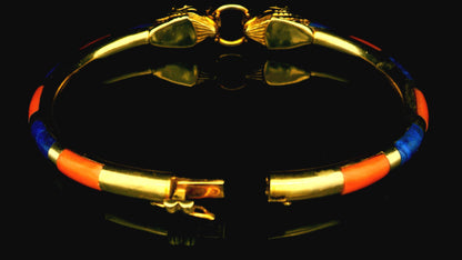 Antique 18K Yellow Gold Two Panther Heads Lapis & Cl inlays Bangle