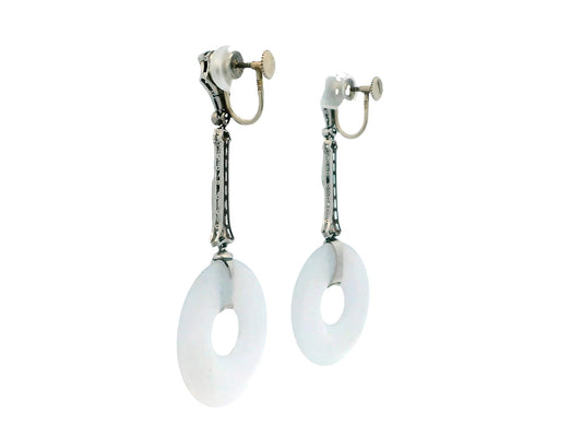 Art Deco Diamond & White "A" Jade Disc Earrings