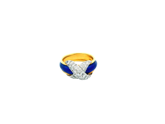 Tiffany Schlumberger Blue Enamel Platinum Pave X Ring