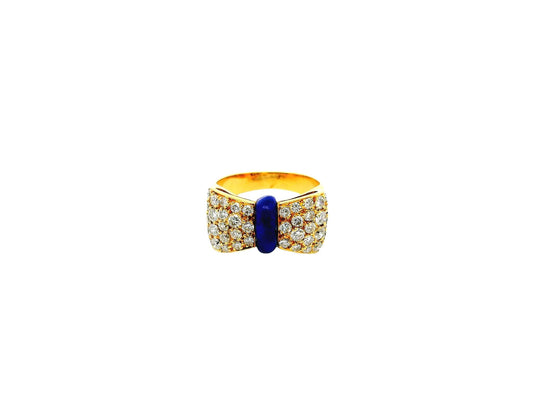 Van Cleef & Arpels 18K Yellow Gold Bow Pave Blue Emerald Strip Ring