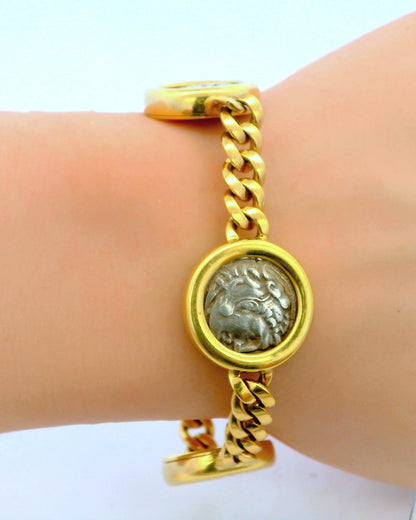 Bvlgari Four Silver Coin Curb Link in 18K Yellow Gold Bracelet
