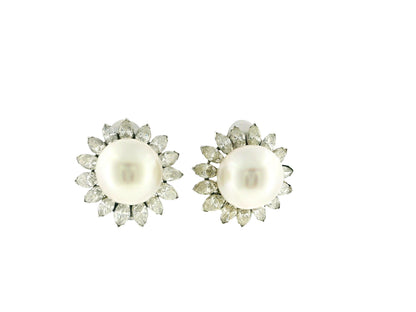 Trio Platinum & 18K White Gold Central Pearl diamonds Clip On Earrings