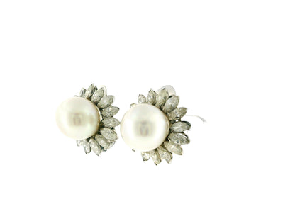 Trio Platinum & 18K White Gold Central Pearl diamonds Clip On Earrings