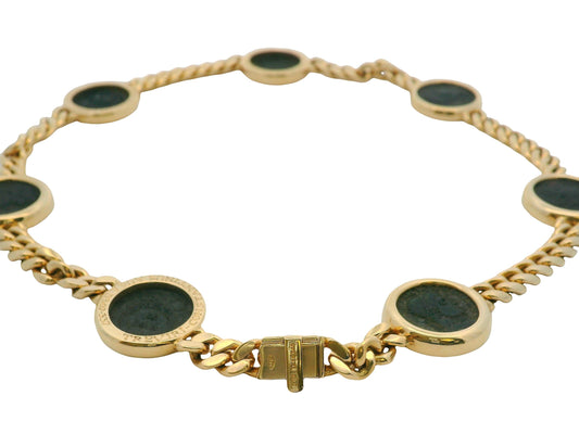 Bvlgari Monete Curb 18k Yellow Gold 7 Ancient Coin Necklace W/Service Papers